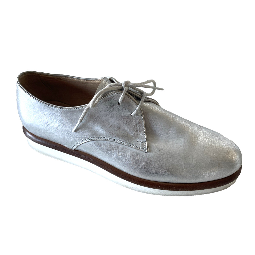 Tod’s Women’s Metallic Silver Leather Shoe Platform Lace Up Oxford Round Toe 36